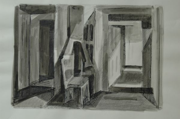 intérieur - aquarelle, fusain - Maurice Robert